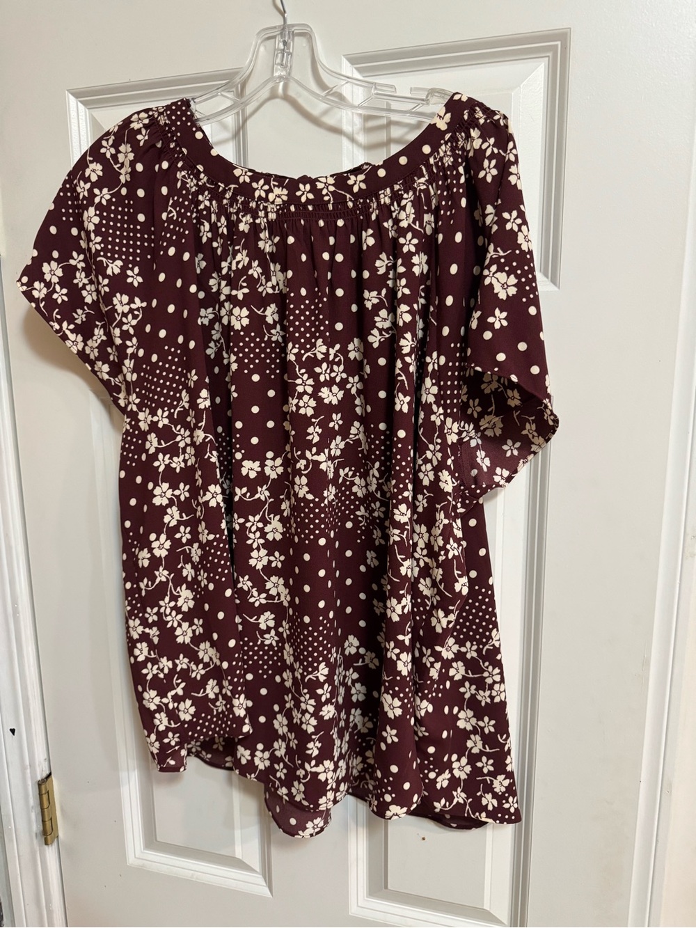 LC Lauren Conrad Burgundy Floral and Cream Dot Off-Shoulder Top